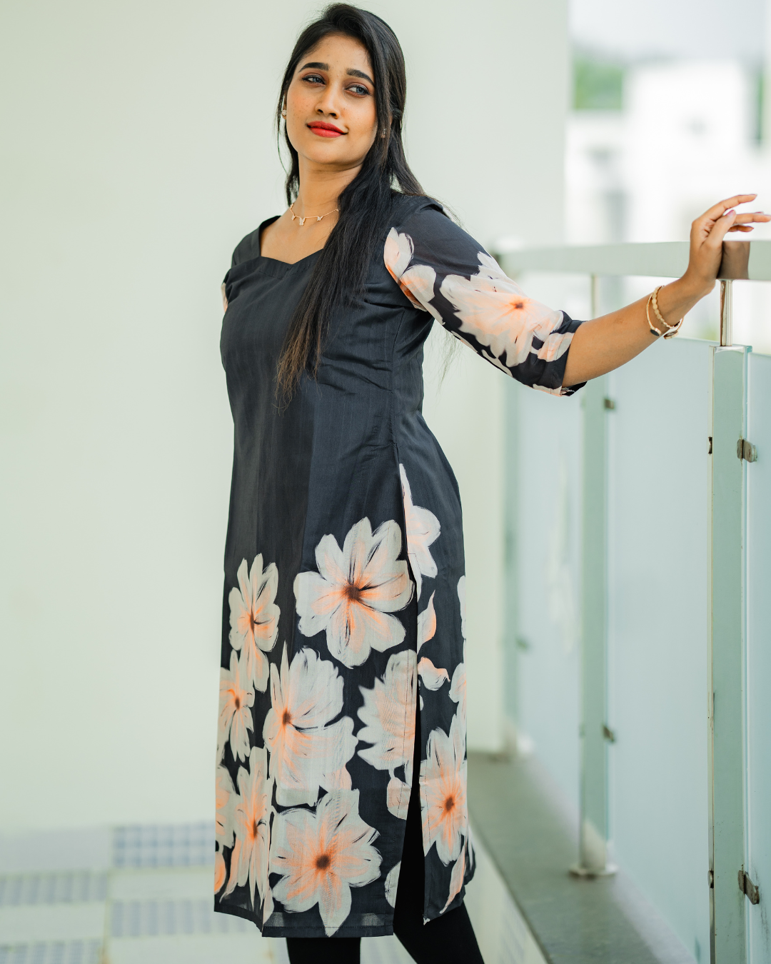 Midnight Bloom - Semi Tussar floral printed Kurti