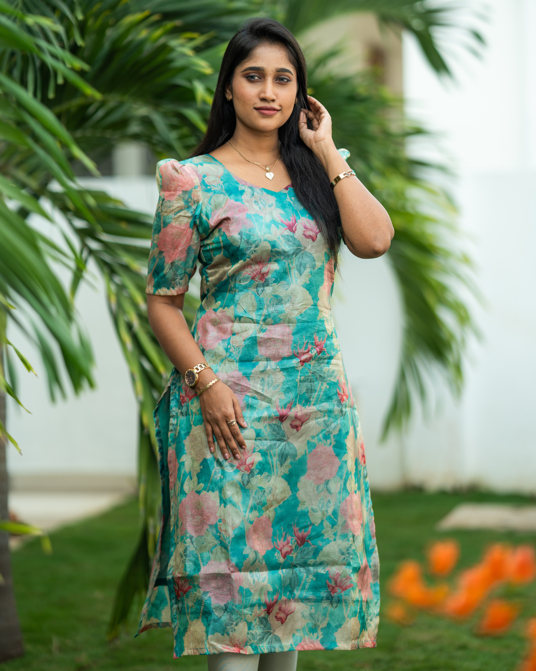 Teal Blossom - Pure Crushed Organza Kurti