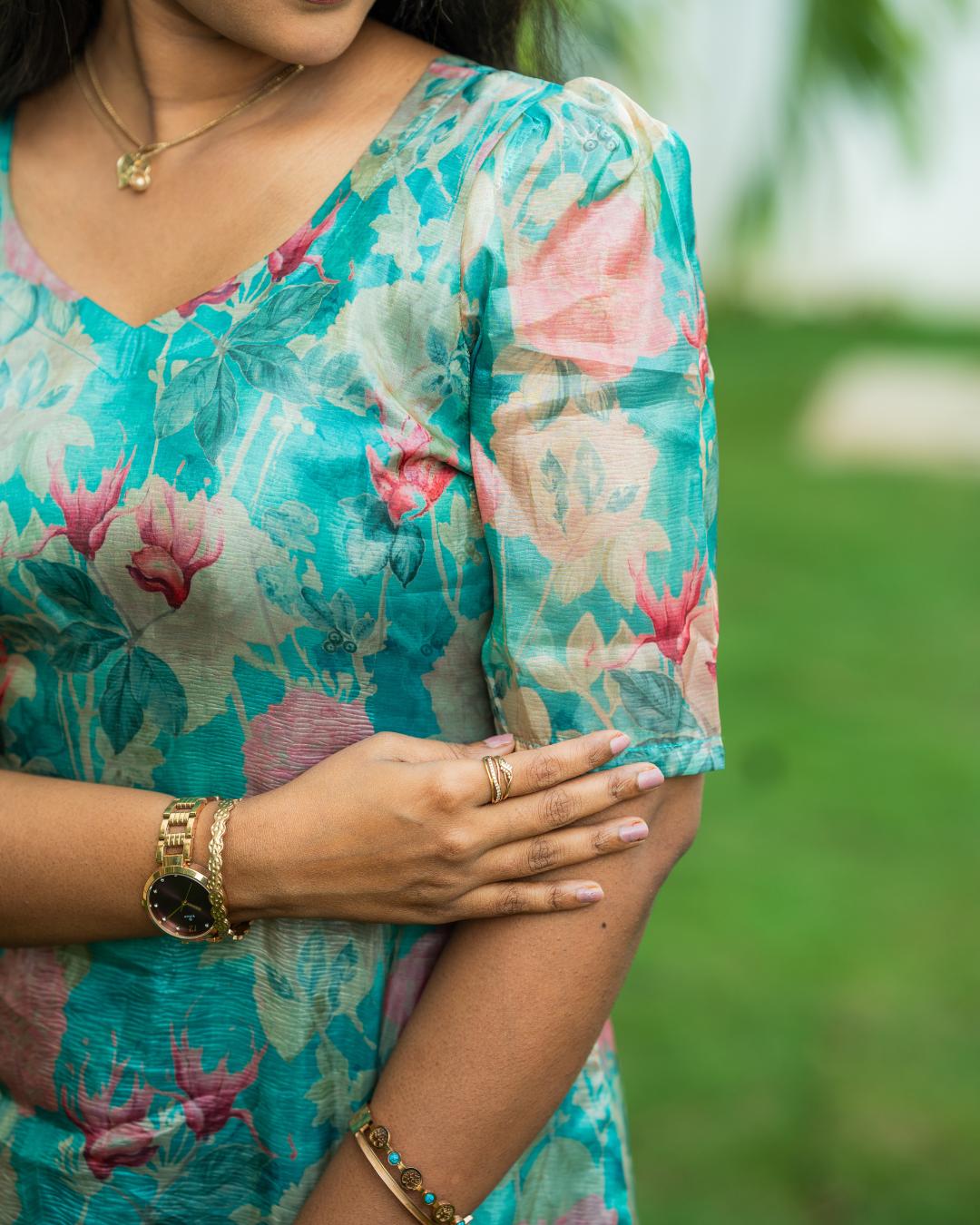 Teal Blossom - Pure Crushed Organza Kurti