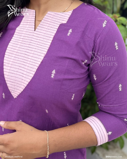 Close-up of Aadhirai baby pink handloom cotton top with striped neckline detailing. Page maintained by Creations by Nash.