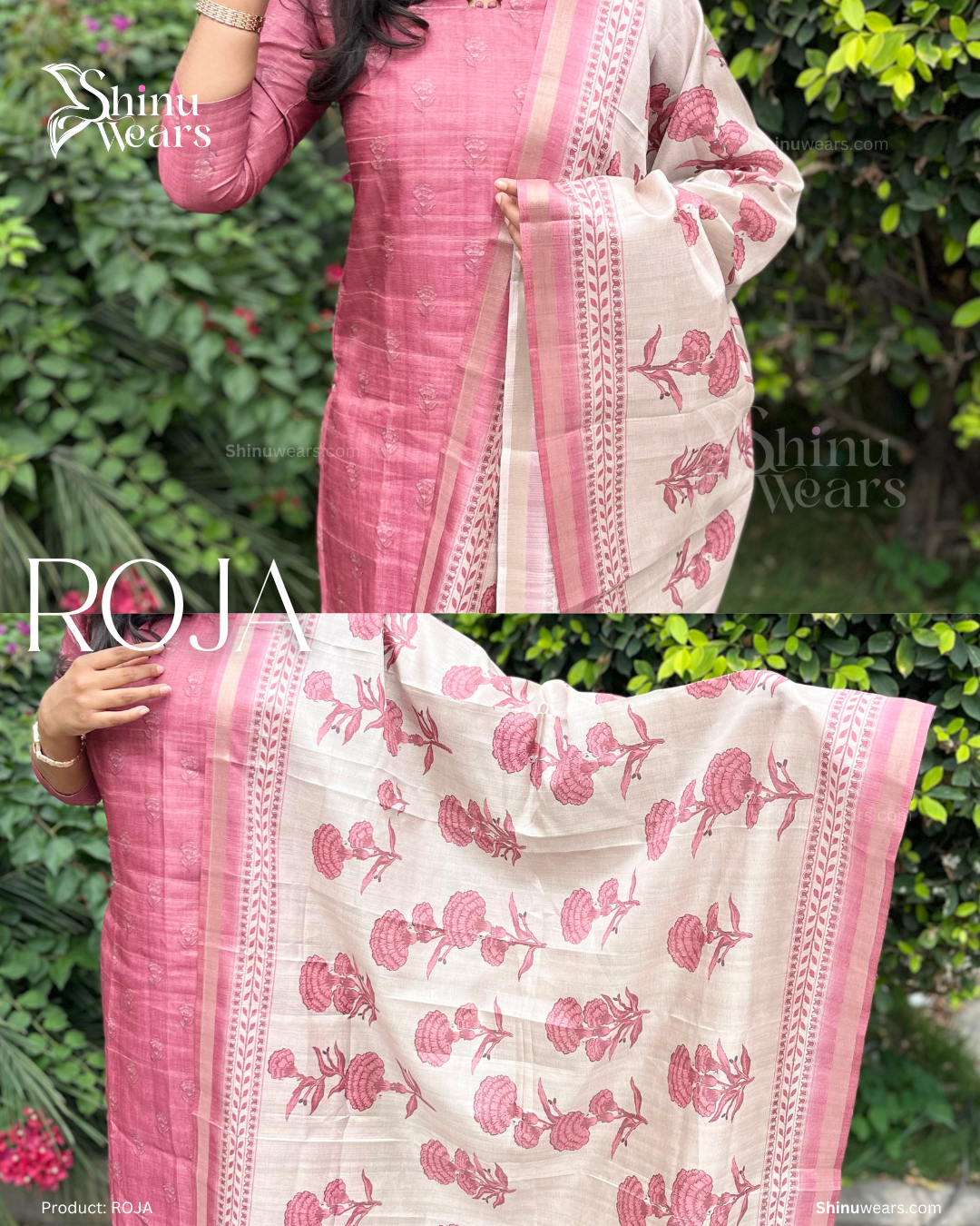 ull outfit view of Roja semi tussar ensemble in soft rose tones. Page maintained by Creations by Nash.