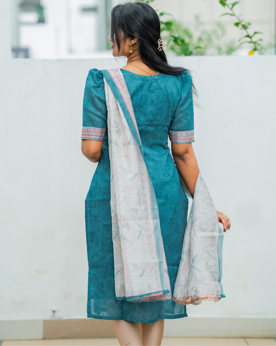 Shinu Wears Azure Bloom Pure Crushed Organza Top & Kota Cotton Dupatta Set in azure blue with floral embroidery. A stylish and lightweight ethnic wear for festive and casual occasions.