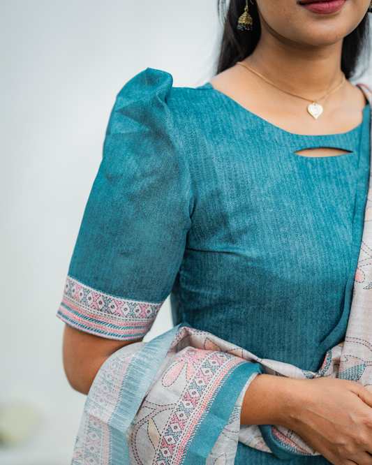 Shinu Wears Azure Bloom Pure Crushed Organza Top & Kota Cotton Dupatta Set in azure blue with floral embroidery. A stylish and lightweight ethnic wear for festive and casual occasions.