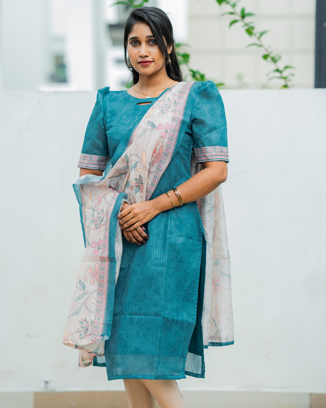 Shinu Wears Azure Bloom Pure Crushed Organza Top & Kota Cotton Dupatta Set in azure blue with floral embroidery. A stylish and lightweight ethnic wear for festive and casual occasions.