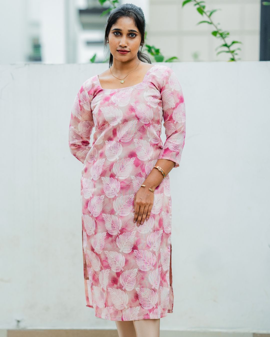 Shinu Wears Blush Mirage Pure Crushed Organza Kurti in blush pink with a delicate leaf print. A stylish and lightweight ethnic wear for festive and casual occasions.