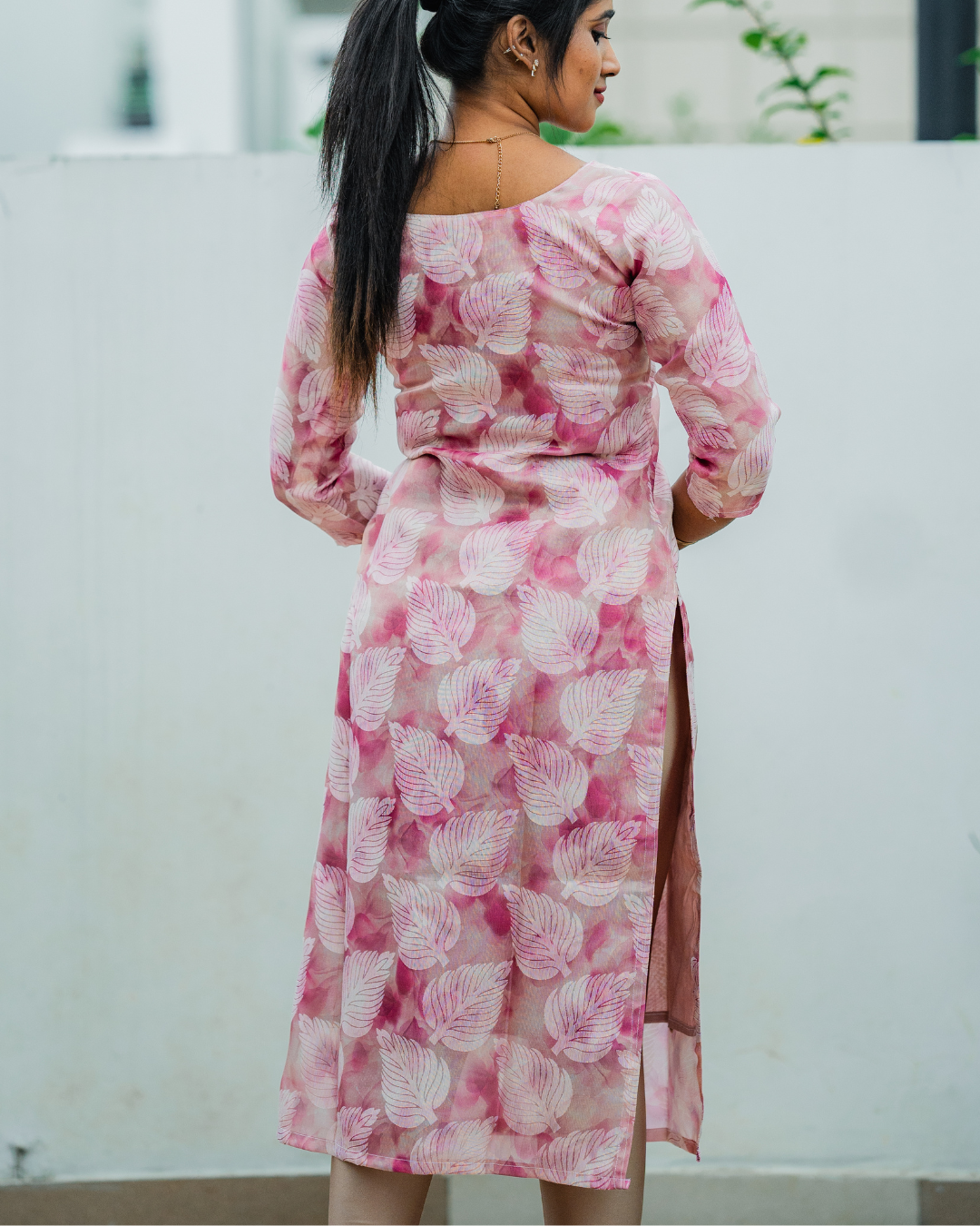 Shinu Wears Blush Mirage Pure Crushed Organza Kurti in blush pink with a delicate leaf print. A stylish and lightweight ethnic wear for festive and casual occasions.