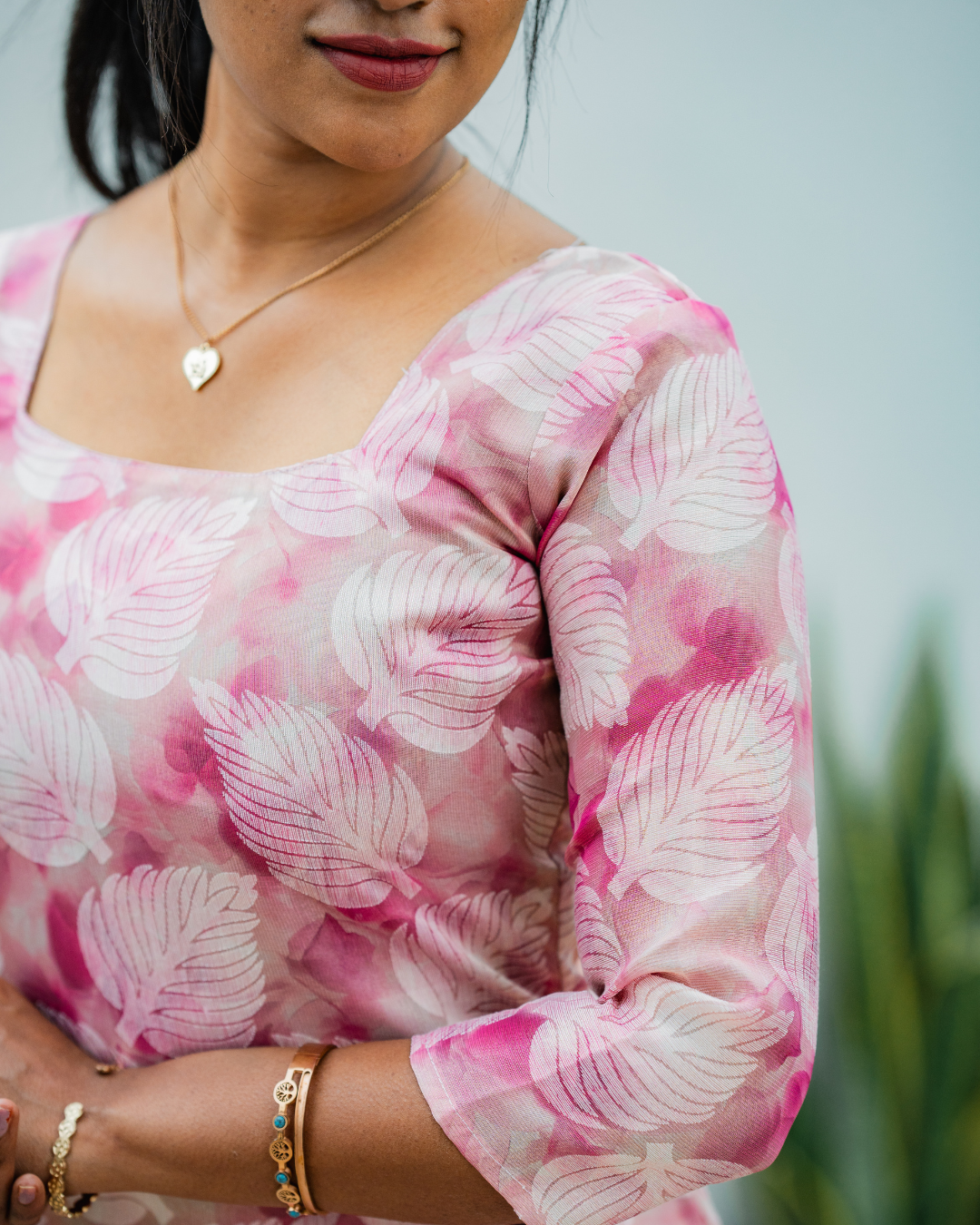 Shinu Wears Blush Mirage Pure Crushed Organza Kurti in blush pink with a delicate leaf print. A stylish and lightweight ethnic wear for festive and casual occasions.