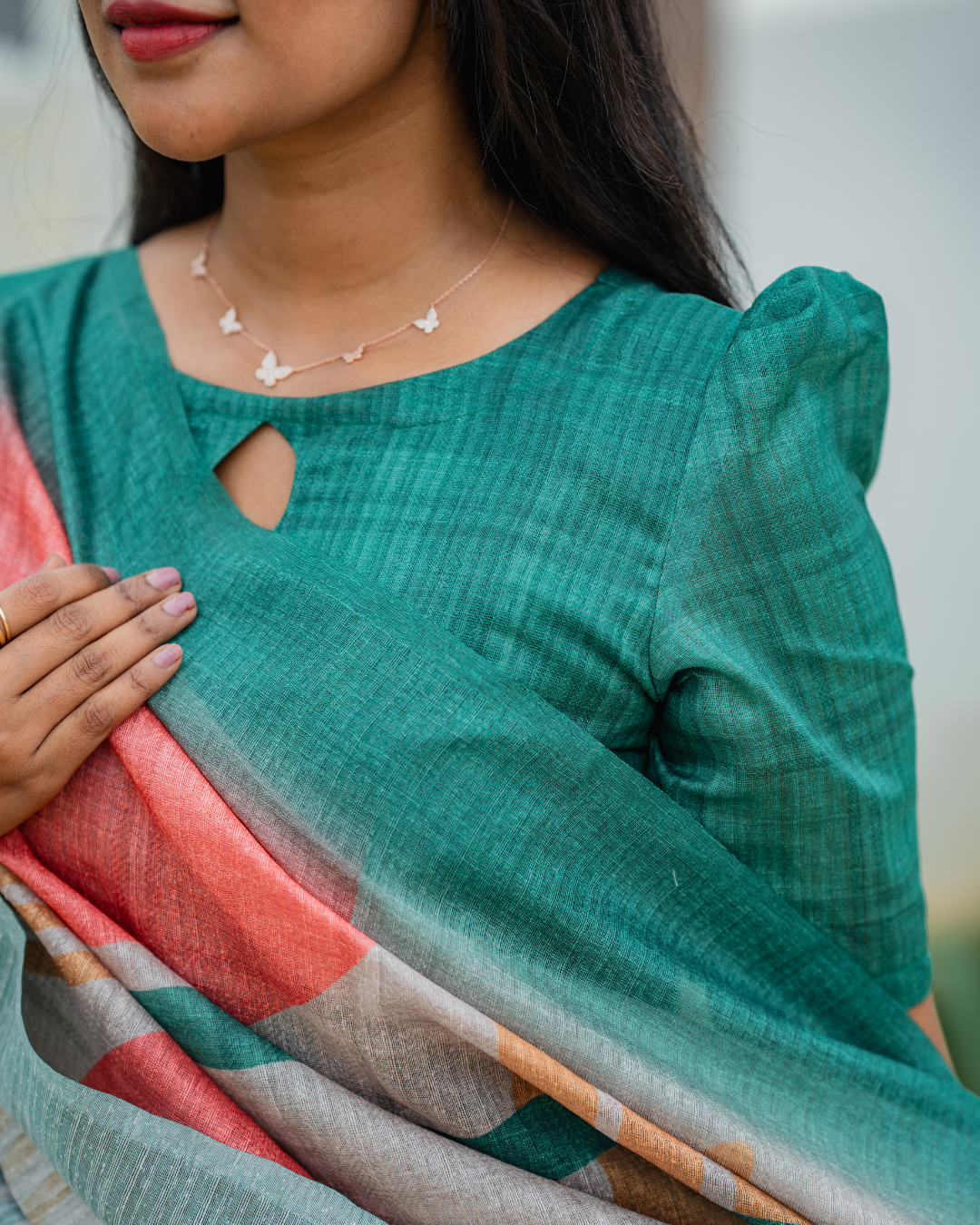 Shinu Wears Emerald Breeze Pure Crushed Organza Top & Kota Cotton Dupatta Set. A stylish, breathable ethnic wear in emerald green with an abstract printed dupatta, perfect for festive and casual occasions.
