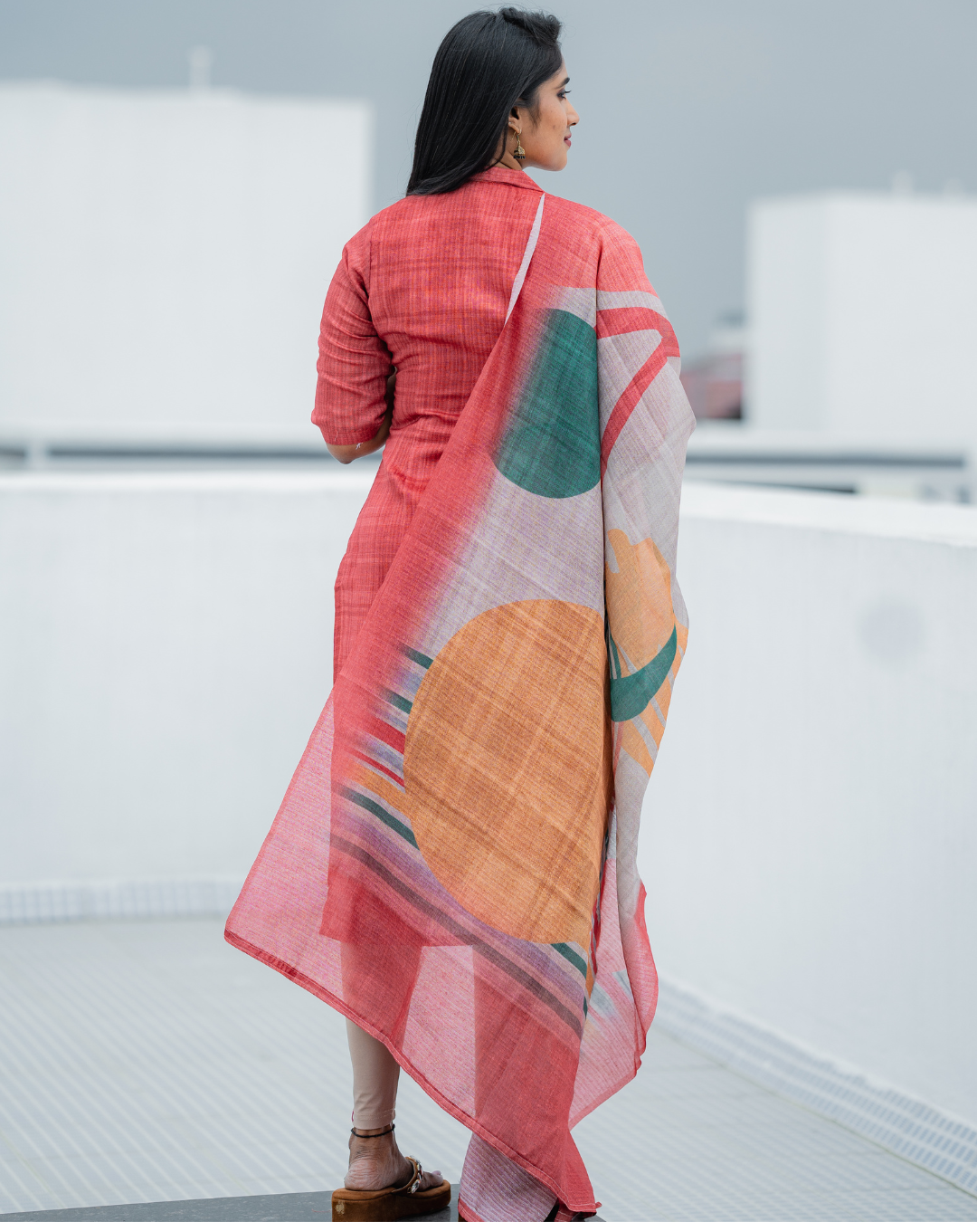 Shinu Wears Terracotta Glow Pure Crushed Organza Top & Kota Cotton Dupatta Set in warm terracotta with abstract prints. Elegant, lightweight ethnic wear for festive and casual occasions.
