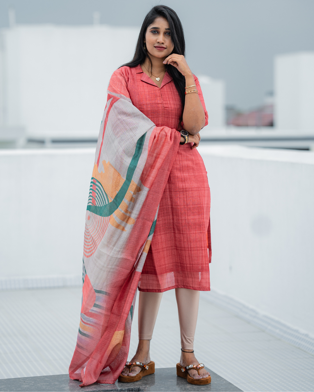 Shinu Wears Terracotta Glow Pure Crushed Organza Top & Kota Cotton Dupatta Set in warm terracotta with abstract prints. Elegant, lightweight ethnic wear for festive and casual occasions.