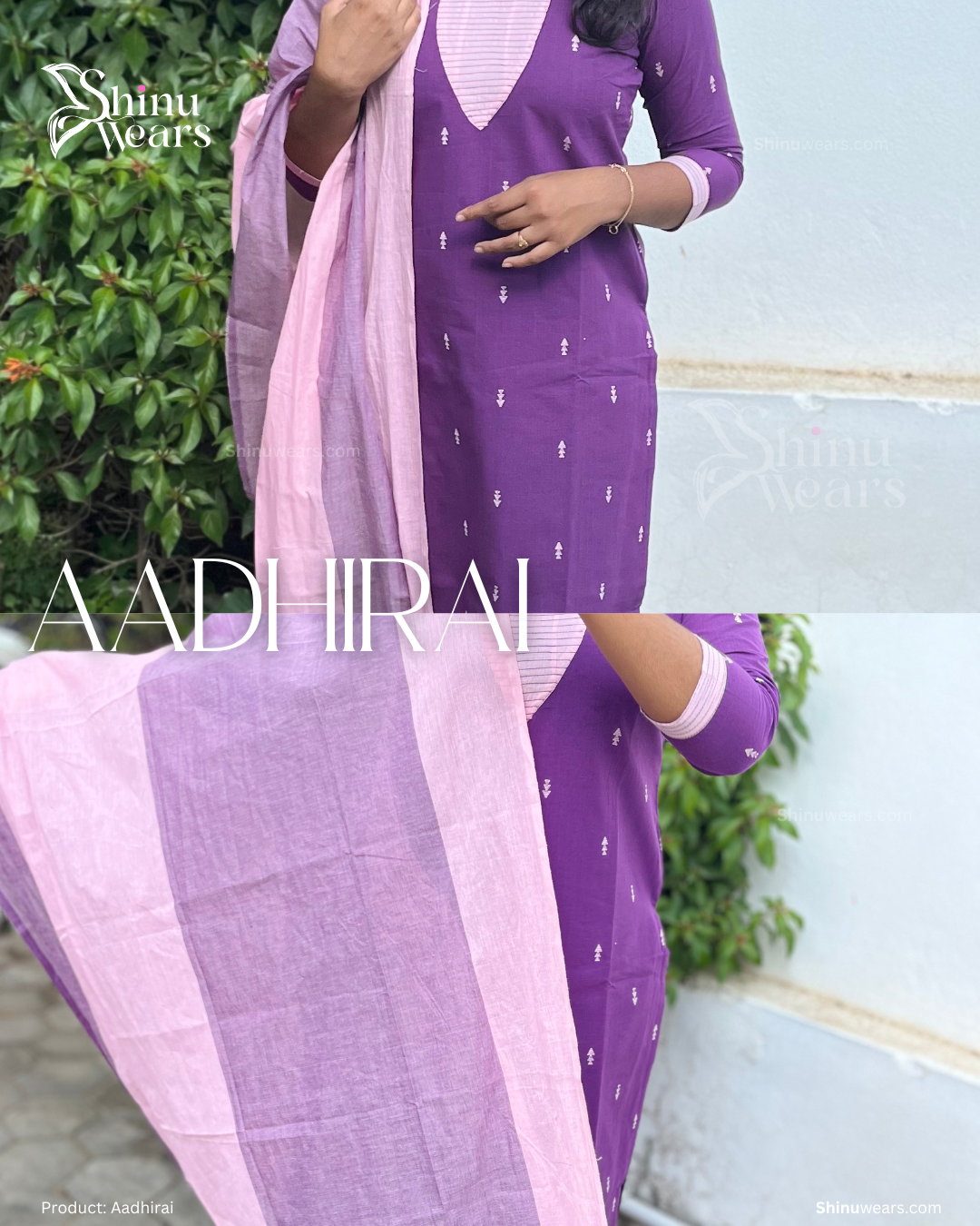 Woman wearing a purple and pink traditional outfit with a matching dupatta, standing against a light blue wall with greenery.