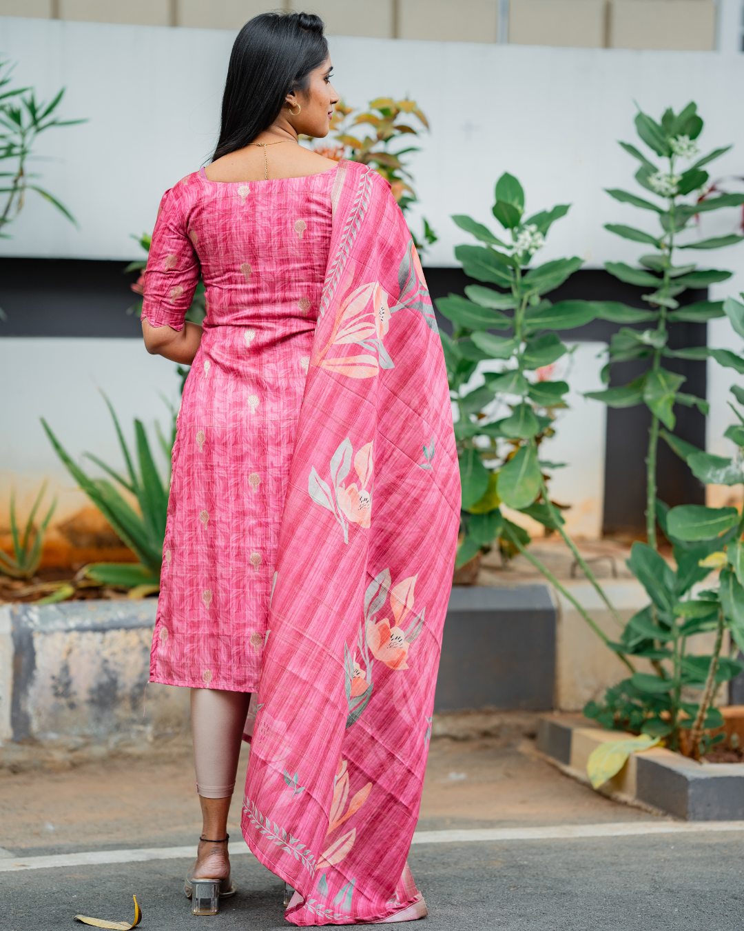 Shinu Wears Crimson Bloom Pure Crushed Organza Top & Kota Cotton Dupatta Set in deep crimson pink, featuring floral embroidery—ideal for festive and casual wear.