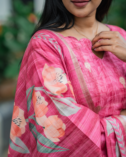 Shinu Wears Crimson Bloom Pure Crushed Organza Top & Kota Cotton Dupatta Set in deep crimson pink, featuring floral embroidery—ideal for festive and casual wear.