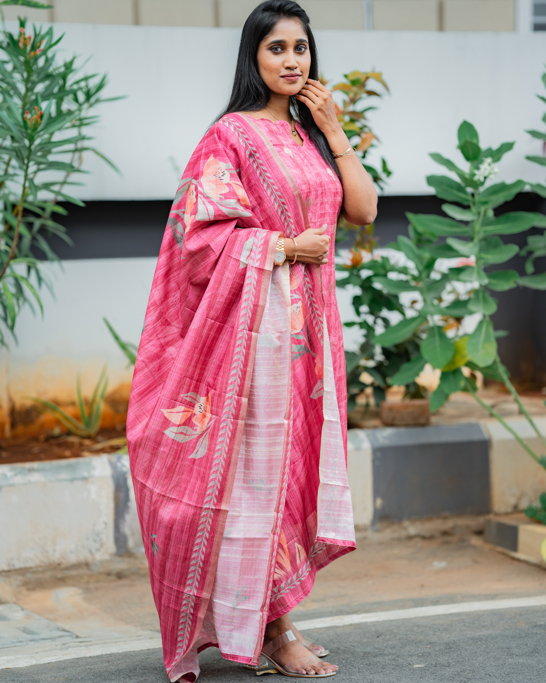 Shinu Wears Crimson Bloom Pure Crushed Organza Top & Kota Cotton Dupatta Set in deep crimson pink, featuring floral embroidery—ideal for festive and casual wear.