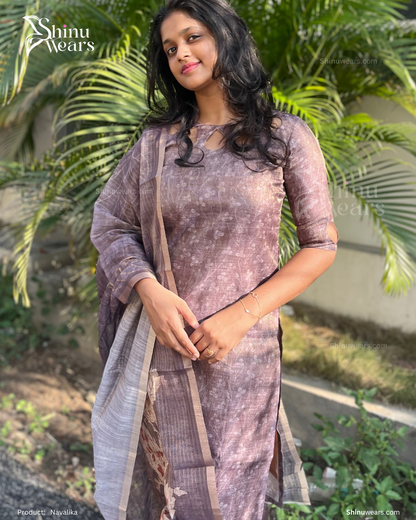 Full outfit view of Navalika semi tussar top and dupatta in subtle earthy tones. Page maintained by Creations by Nash.