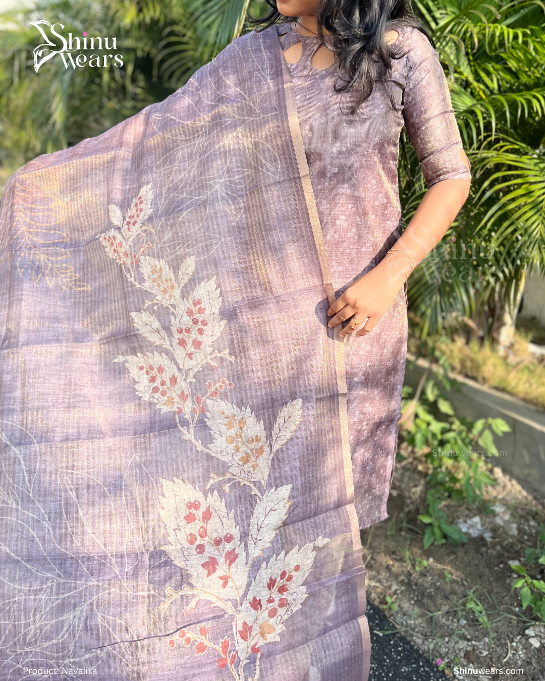 Flat lay of semi tussar dupatta and top fabric details from Navalika set. Page maintained by Creations by Nash.