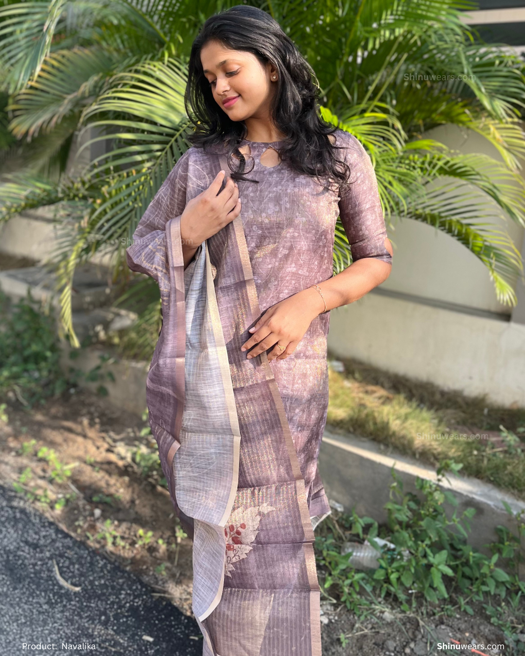 Model wearing Navalika semi tussar set with matching dupatta. Page maintained by Creations by Nash