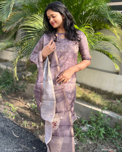 Model wearing Navalika semi tussar set with matching dupatta. Page maintained by Creations by Nash