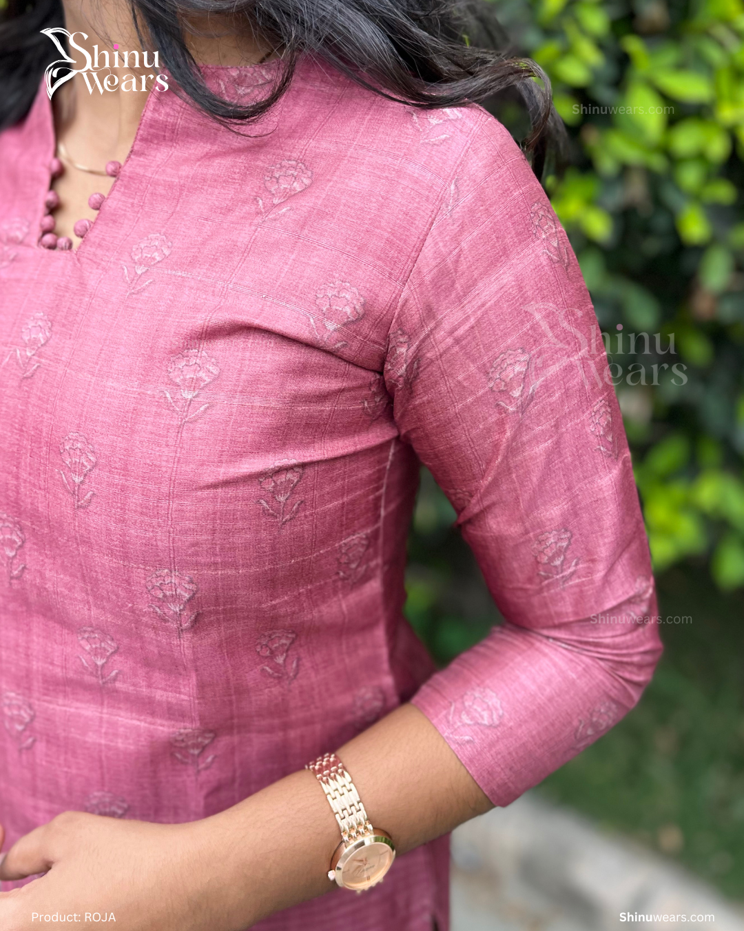 Close-up of woven floral motifs on Roja semi tussar top in blush rose. Page maintained by Creations by Nash.