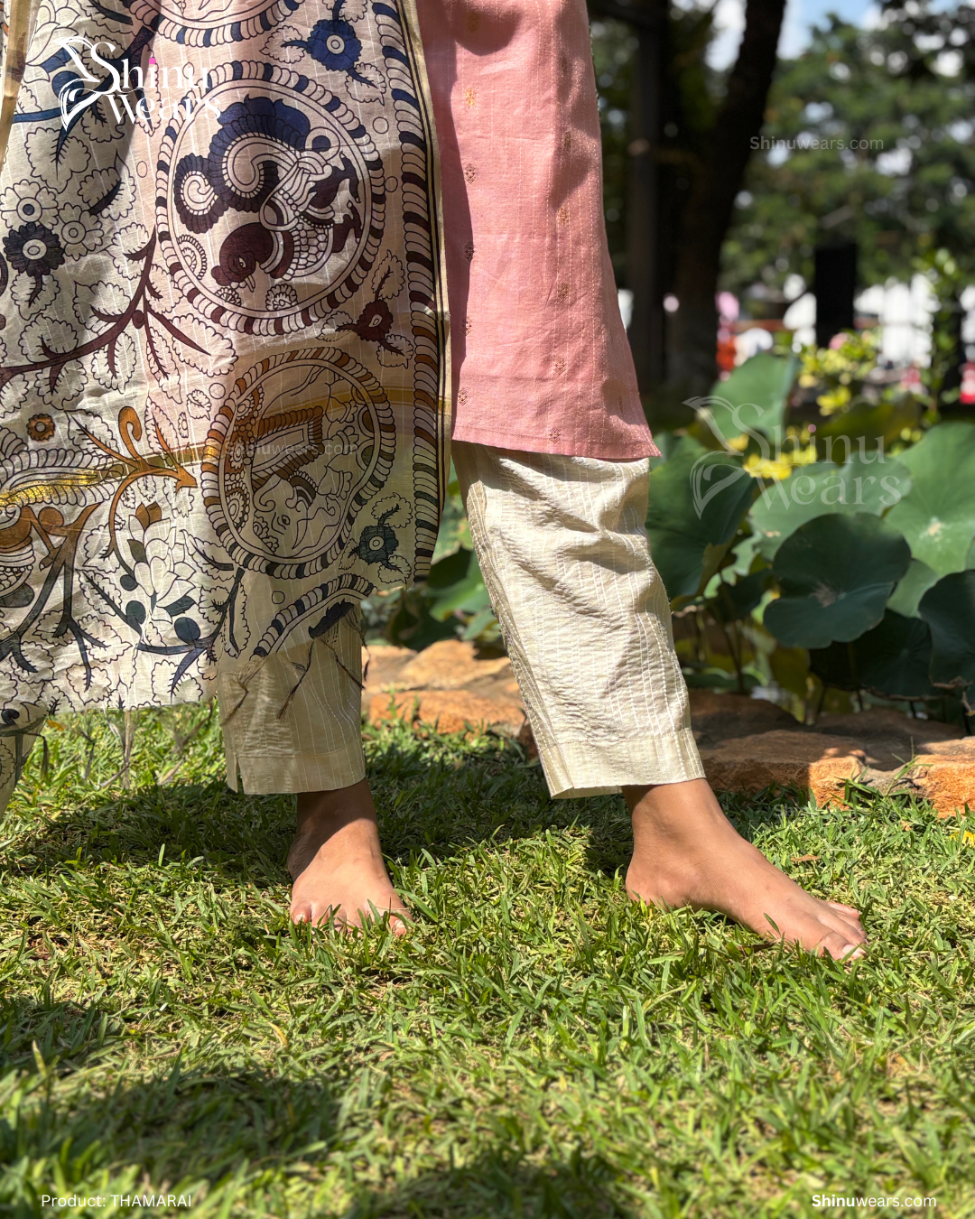 Kalamkari dupatta and ivory pants complementing the Thamarai raw silk kurta. Page maintained by Creations by Nash.