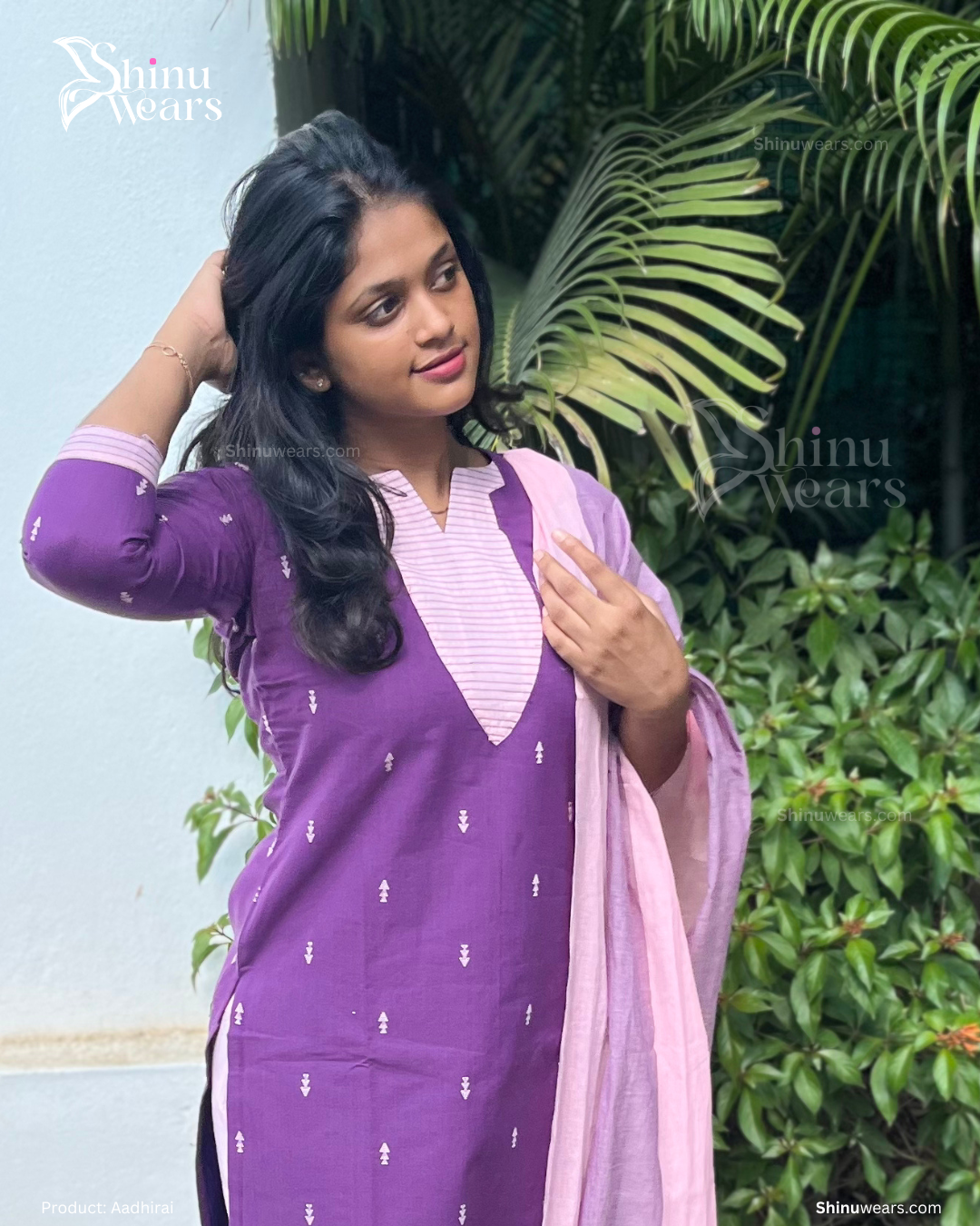 Model wearing Aadhirai baby pink cotton kurta with contrast dupatta. Page maintained by Creations by Nash.