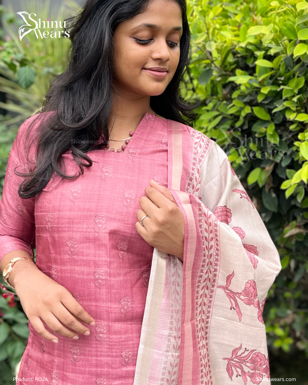 Model wearing Roja semi tussar top with printed dupatta, highlighting soft pink hues. Page maintained by Creations by Nash.