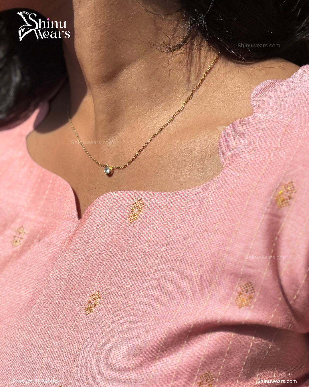Close-up of scallop neckline and raw silk detailing in Thamarai set – pastel pink elegance. Page maintained by Creations by Nash.