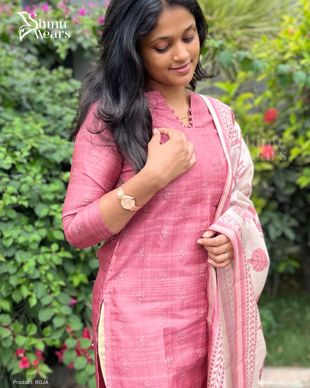 Model wearing Roja semi tussar top with printed dupatta, highlighting soft pink hues. Page maintained by Creations by Nash.