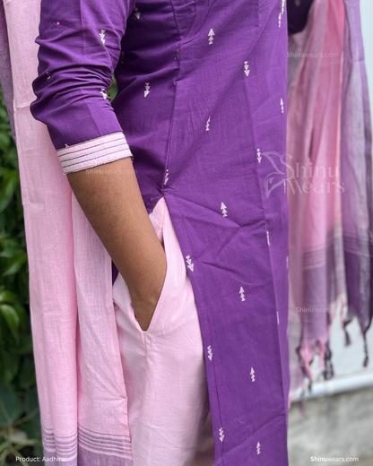 Side view showing sleeve detailing and handwoven texture of Aadhirai baby pink kurta. Page maintained by Creations by Nash.