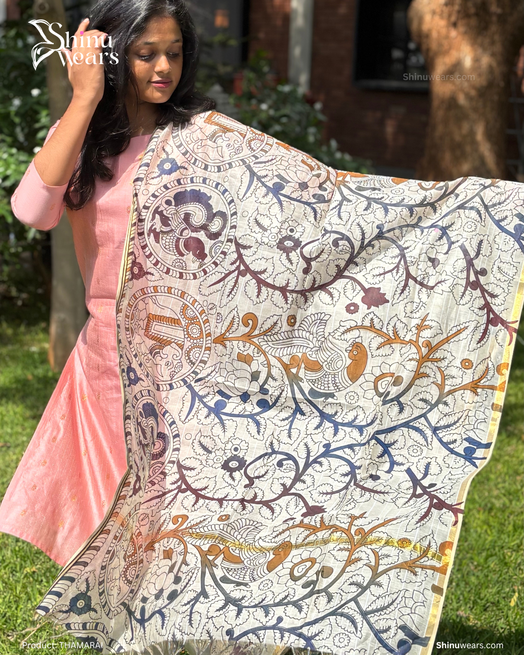 Hand-painted Kalamkari dupatta from Thamarai set in natural sunlight. Page maintained by Creations by Nash.