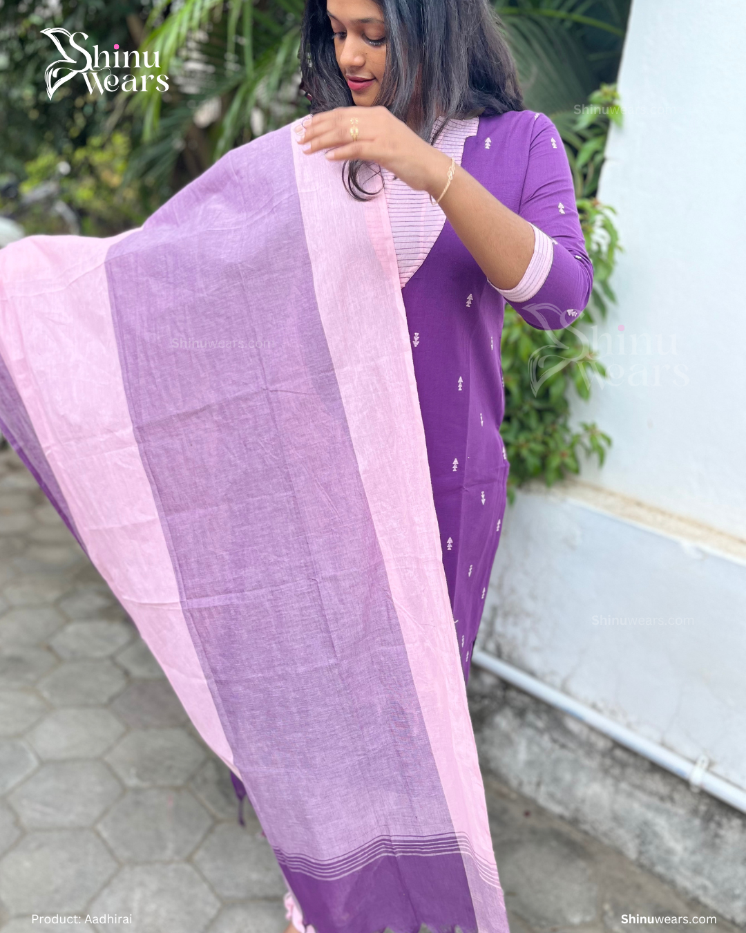 Soft cotton dupatta in pink and lilac shades complementing Aadhirai set. Page maintained by Creations by Nash.