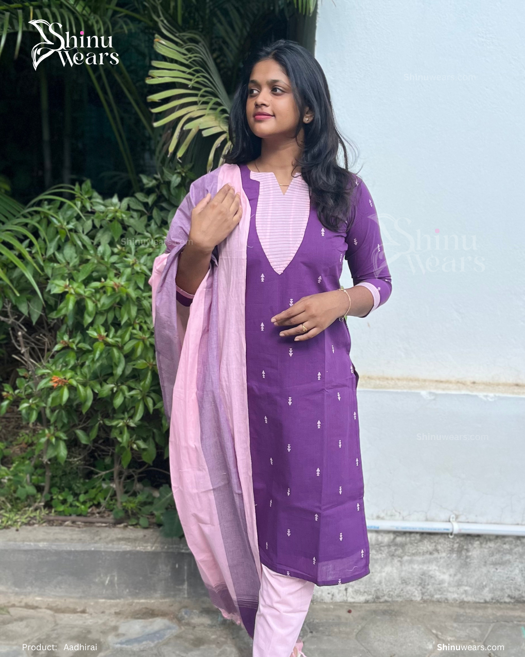 Full outfit view – Aadhirai baby pink handloom cotton set with coordinated pants. Page maintained by Creations by Nash.