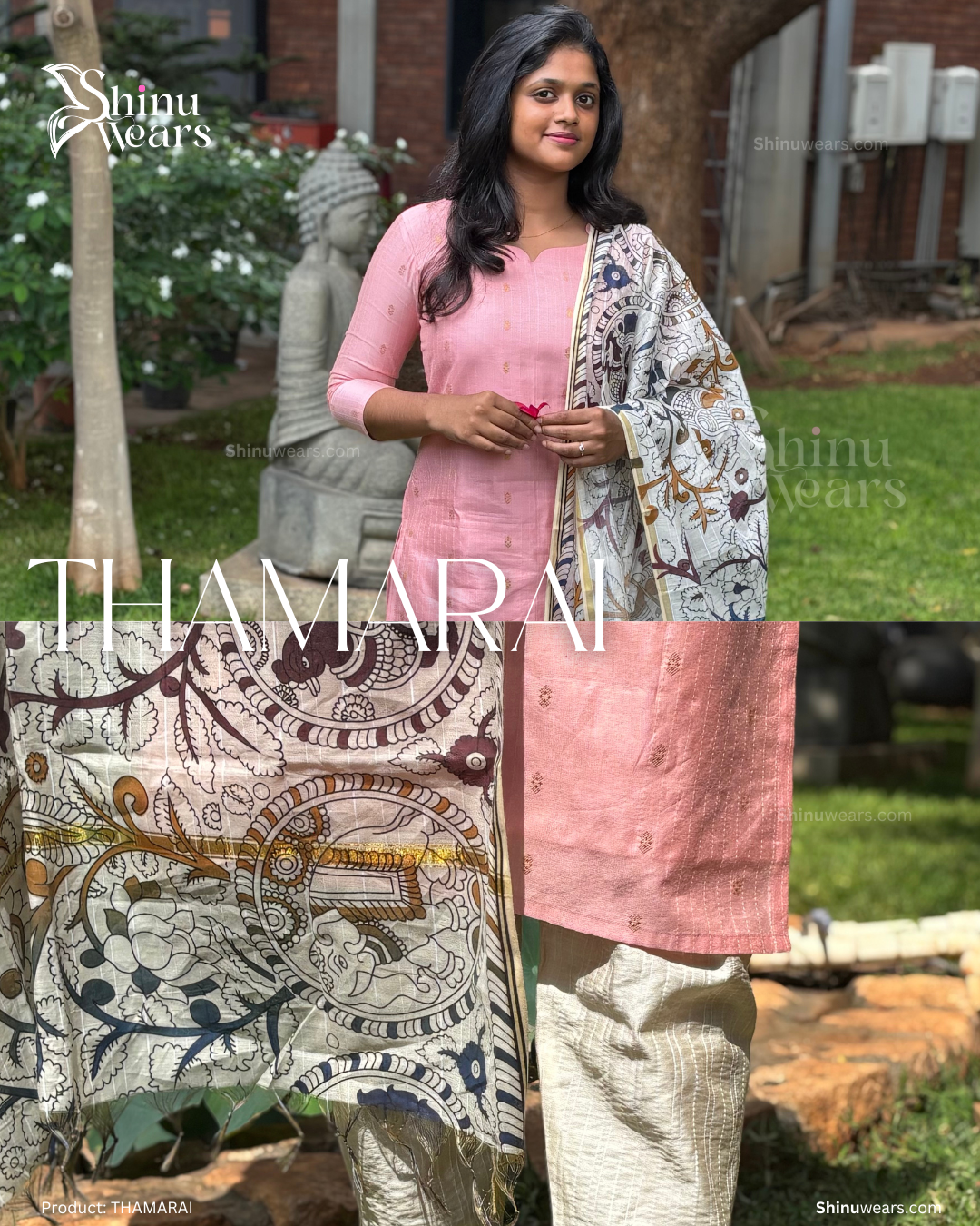 Styled Thamarai ensemble highlighting texture, weave, and dupatta artistry. Page maintained by Creations by Nash.